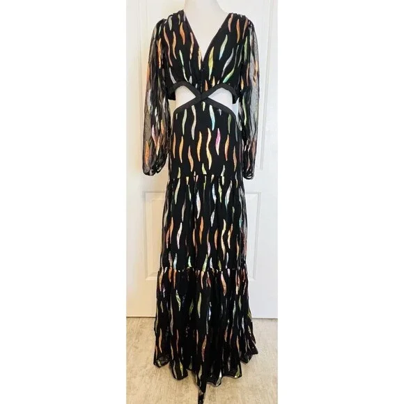 $625 Shoshanna Randi Gown Jet Iridescent Metallic Cut Out Maxi Designer 4 READ - Picture 4 of 14